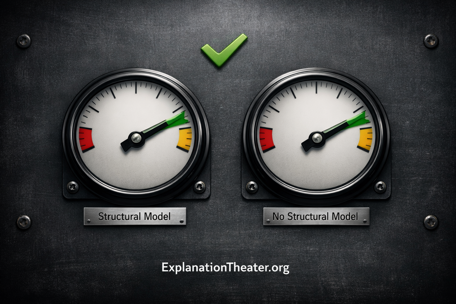 Two identical gauges showing the same confidence level, labeled structural model and no structural model, illustrating that AI confidence does not prove knowledge