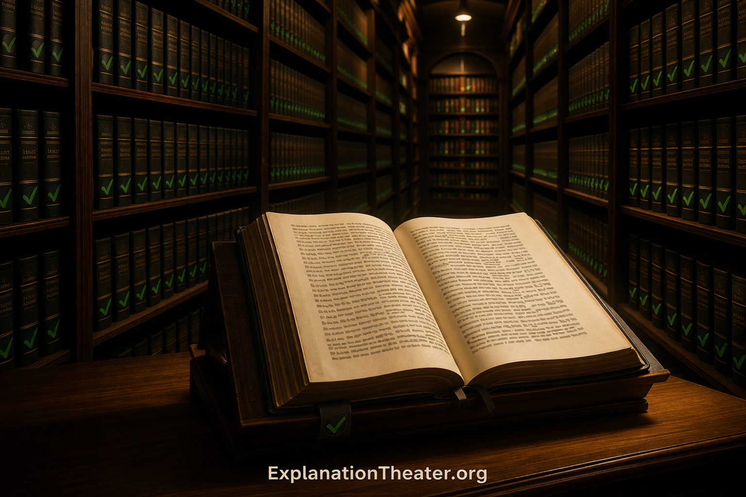 Open book in library with unreadable text and identical certified volumes, illustrating epistemic memory collapse