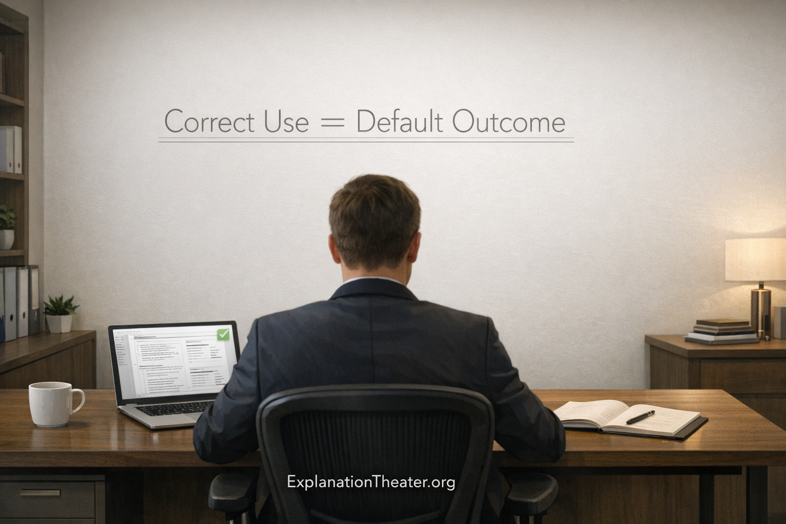 Professional workspace with person using AI correctly while producing expert-level output, illustrating explanation theater as the default outcome