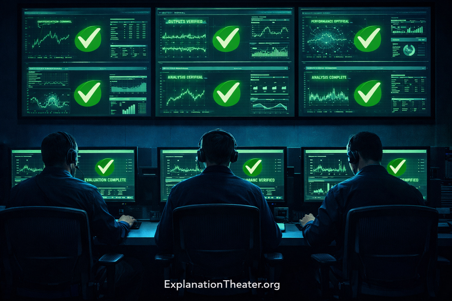 AI evaluation room where evaluators and system outputs are identical, showing closed verification loop with green checkmarks