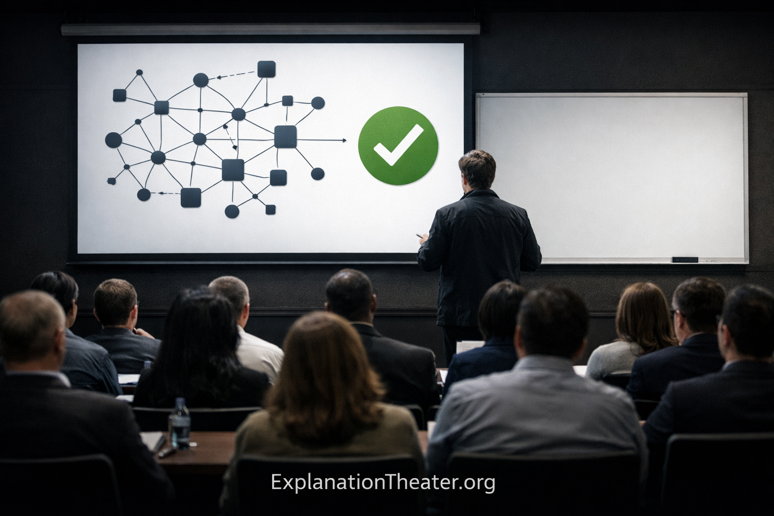 Professional lecture with complex AI-style diagram and green checkmark on screen, while adjacent whiteboard is completely blank, illustrating explanation without understanding