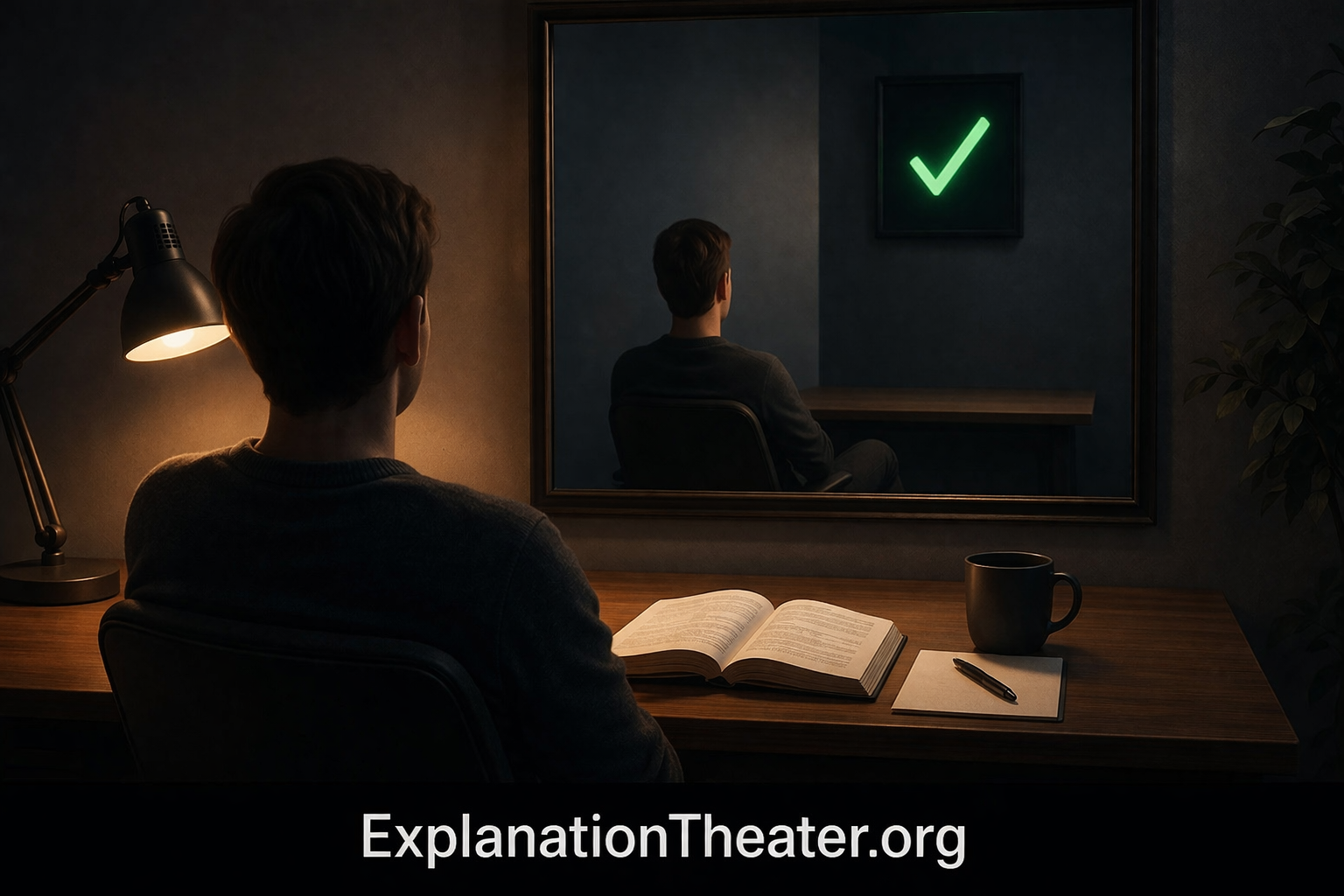 Person sitting at desk feeling understanding while mirror reflection shows empty workspace illustrating explanation theater and false comprehension