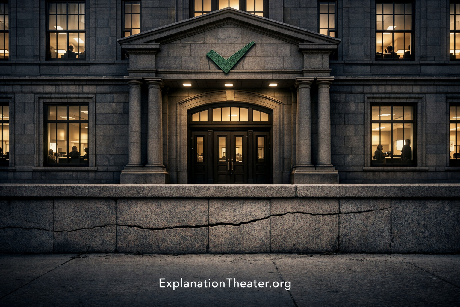 Institutional building with a visible foundation crack symbolizing the break between explanation and understanding