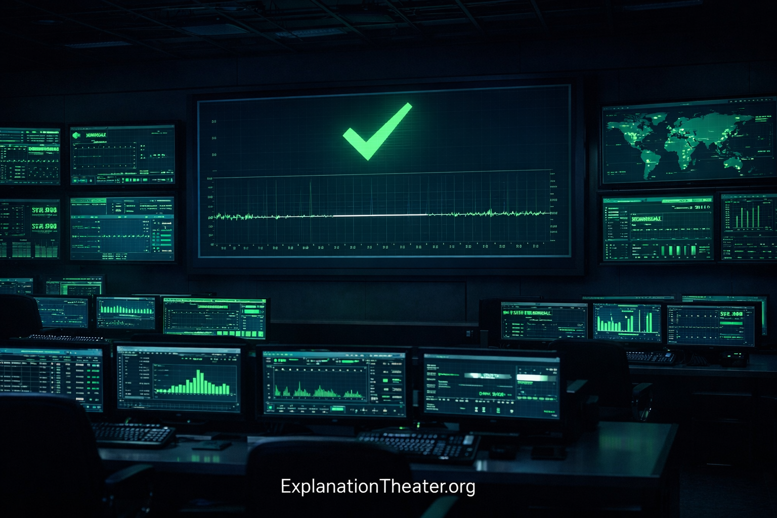 Control room with stable green system indicators and a hidden missing source signal, illustrating Explanation Theater