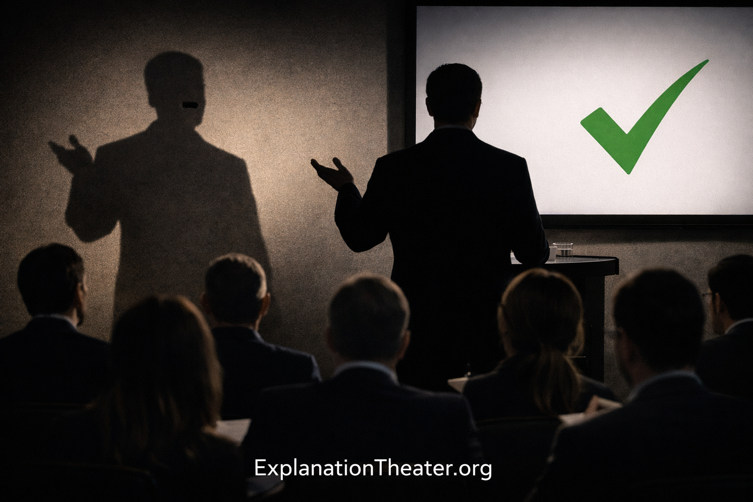 Speaker presenting confidently from behind while shadow lacks a mouth, illustrating The Void in Explanation Theater
