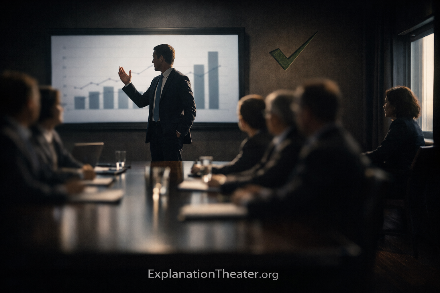 Executive boardroom with confident presenter and a thoughtful observer at the edge, illustrating confidence inversion and Explanation Theater