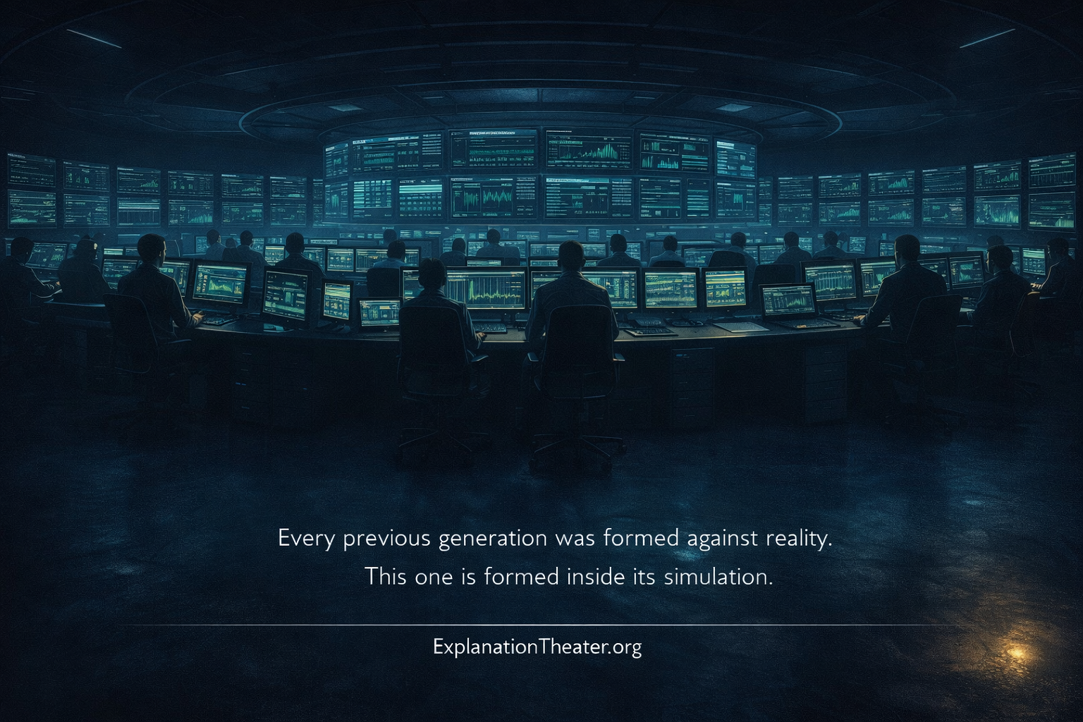 AI generation monitoring systems from inside without external perspective, control room with dashboards and inward-facing operators