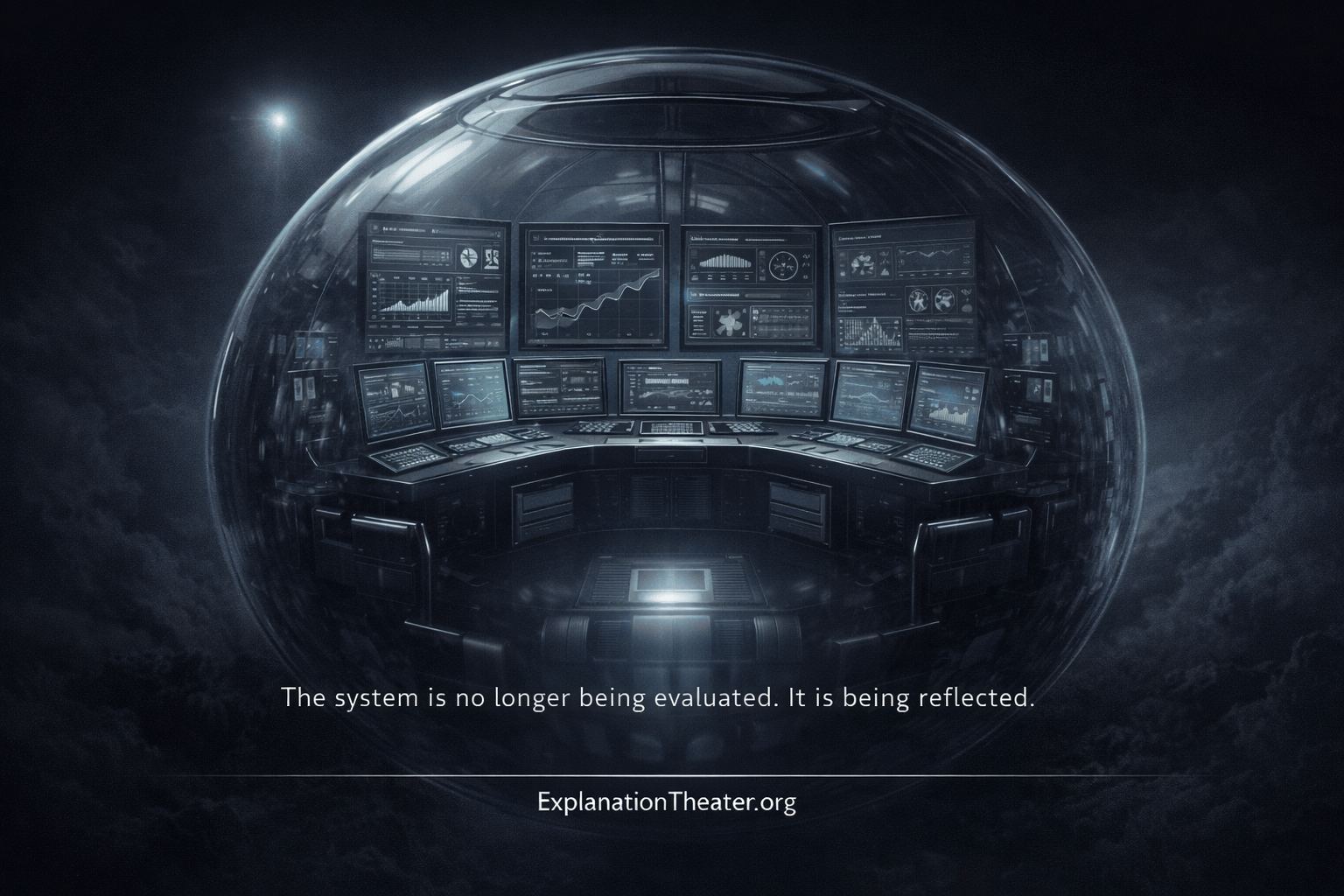 AI safety monitoring system inside a glass sphere reflecting itself instead of evaluating from outside