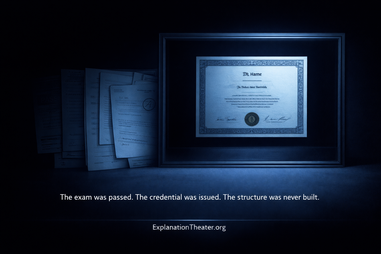 Educational diploma with empty structure behind it, symbolizing credential without real comprehension