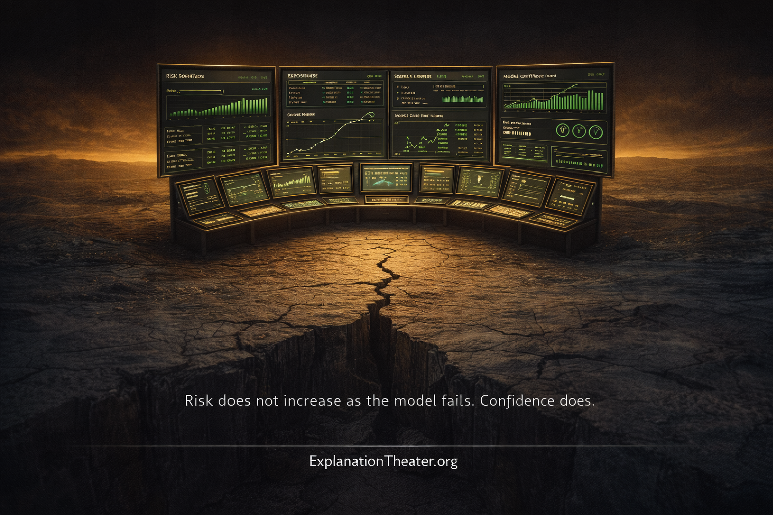 financial risk dashboard showing normal metrics above a cracked landscape where underlying conditions have changed