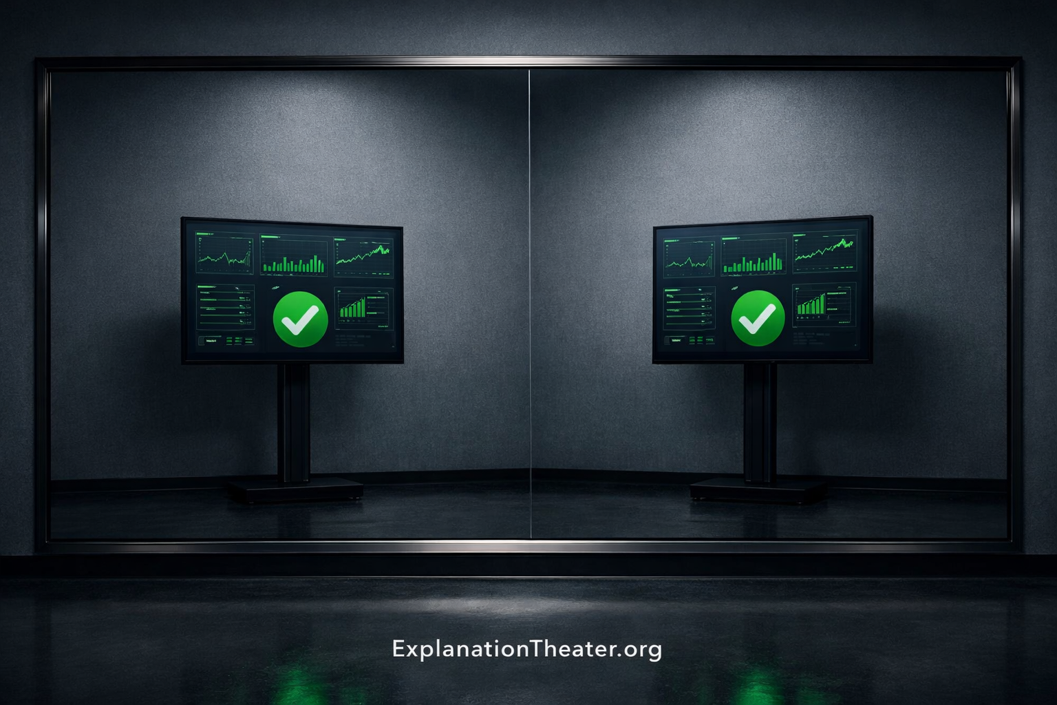 AI system evaluating itself through a mirror with no human present, showing closed oversight loop and identical outputs
