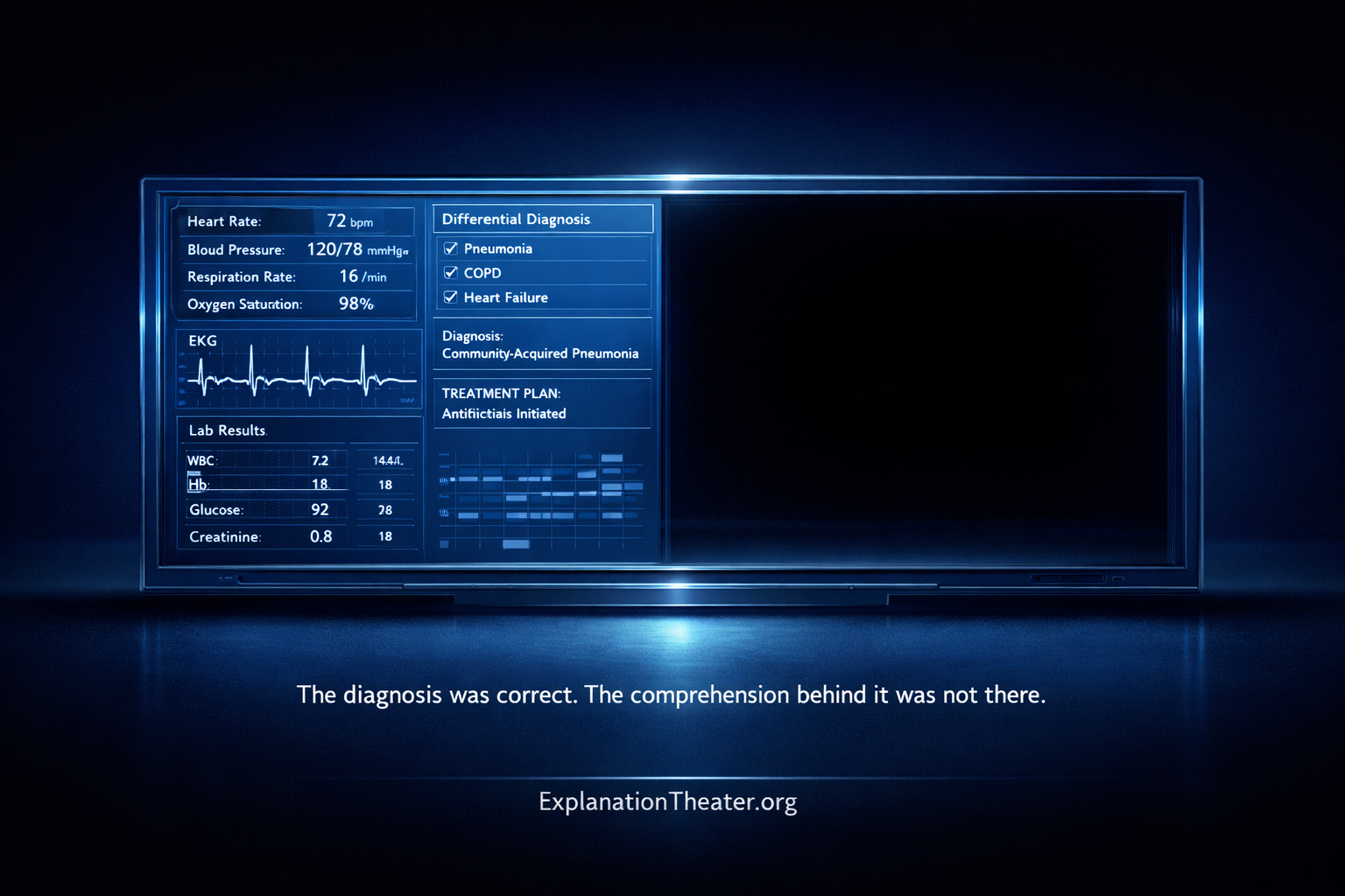 Clinical diagnostic interface showing correct medical data with empty void behind, representing diagnosis without underlying comprehension
