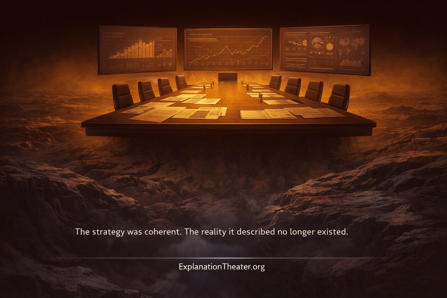 A corporate boardroom with approved strategy documents floating above a shifting landscape that no longer matches the plan