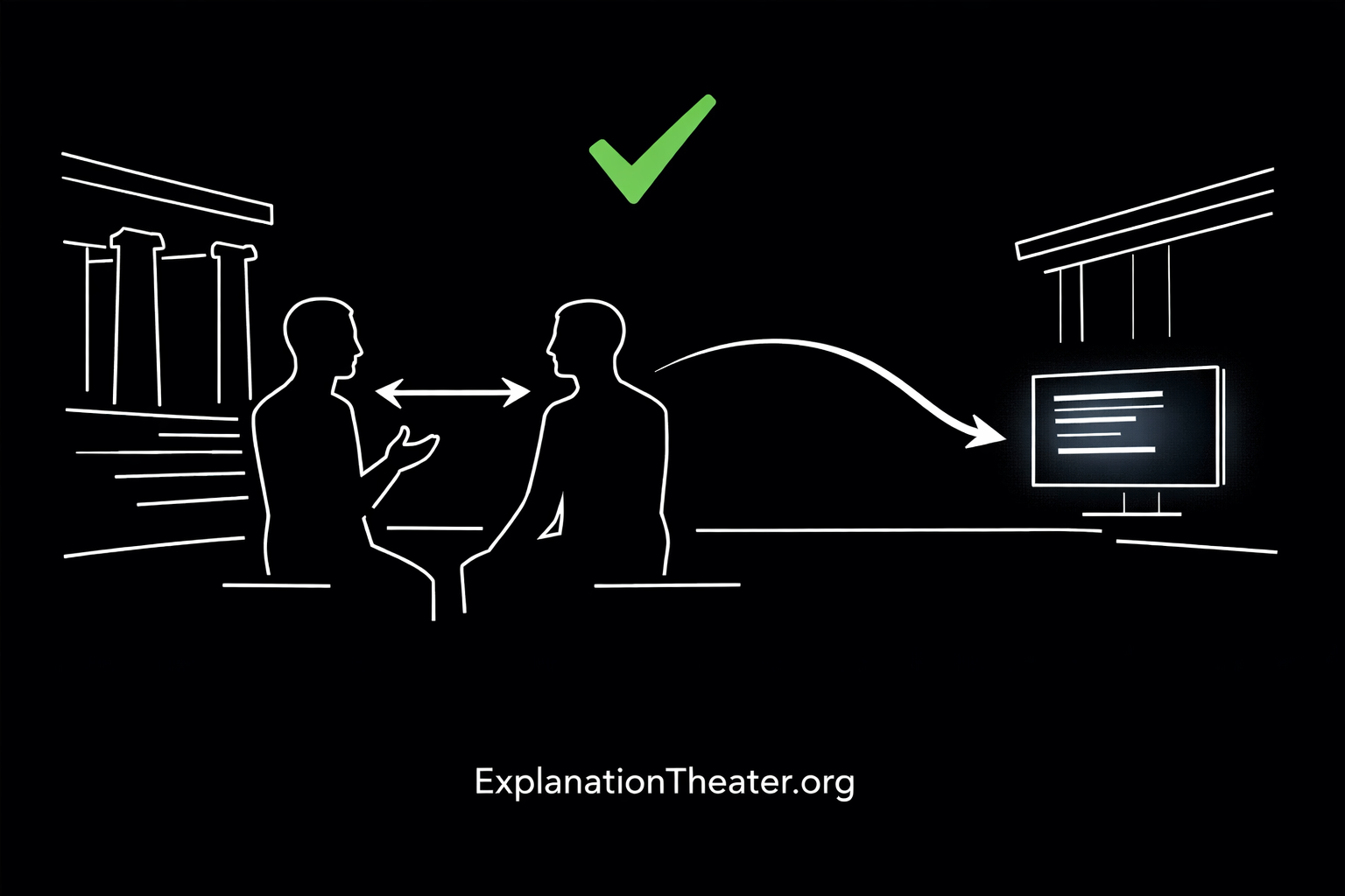 Two figures in dialogue where the answer is redirected to an external AI system, illustrating the collapse of the Socratic method