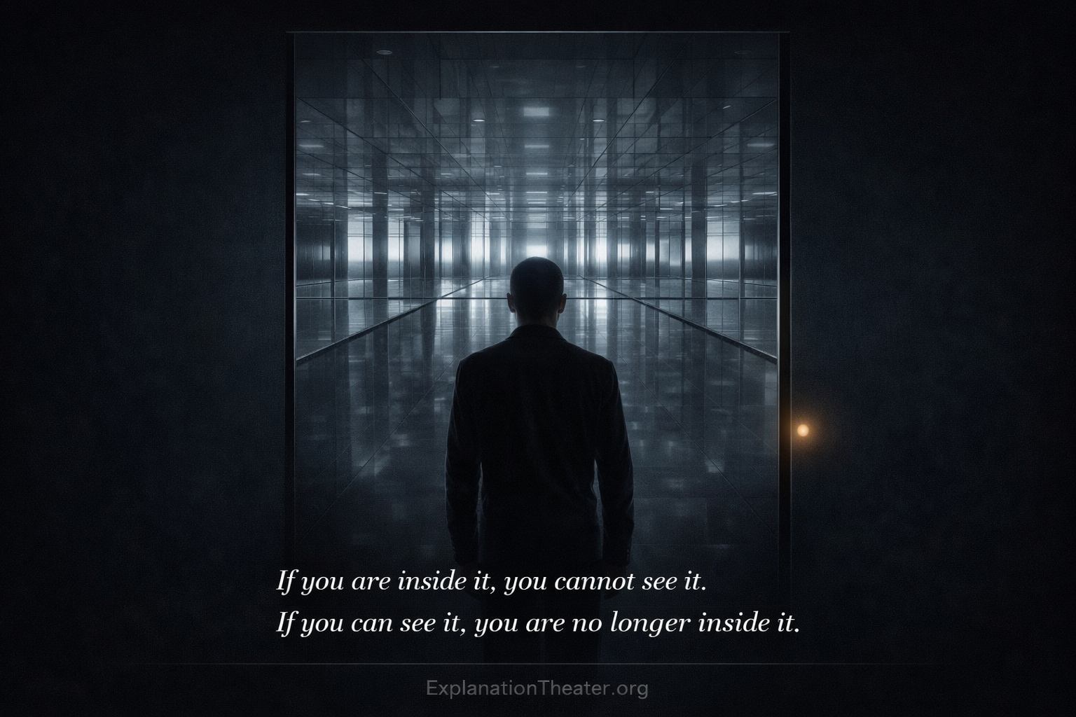 figure standing at threshold of infinite mirror room with recursive reflections and external light illustrating epistemic perspective